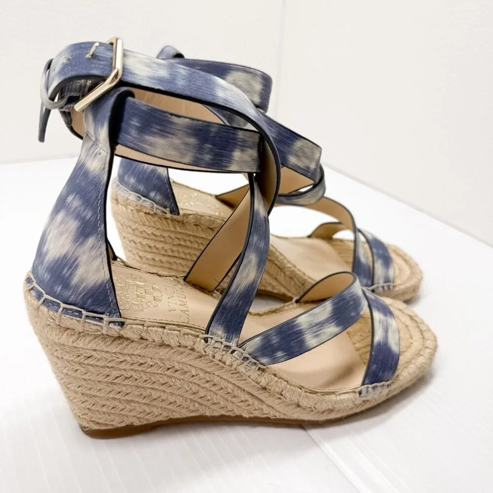 Vince Camuto Espadrille Wedge Sandals Blue Watercolor Leather Ankle Strap 6